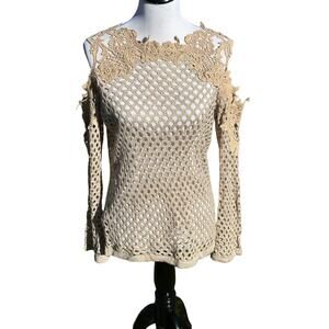 Crochet Top Women SZ Med Fairycore Open Knit Romantic Tan Flare Sleeve Boho